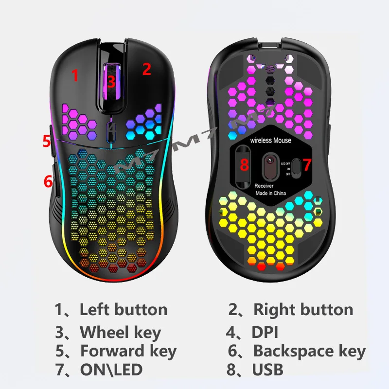 Mouse recarregável sem fio para jogos, RGB Backlight, Respirando Gamer Mice para PC, Laptop, Leve, 1600DPI