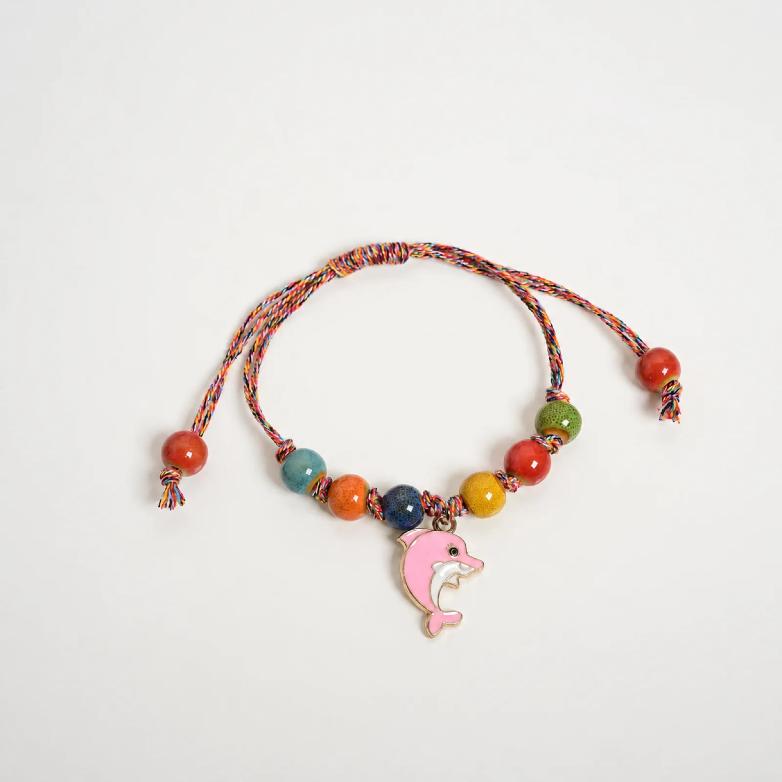 Handmade Ceramic Dolphin Bracelet with Adjustable Braided Wax Cord,Ceramic Beads and Alloy Dolphin Charm 608P5-11
