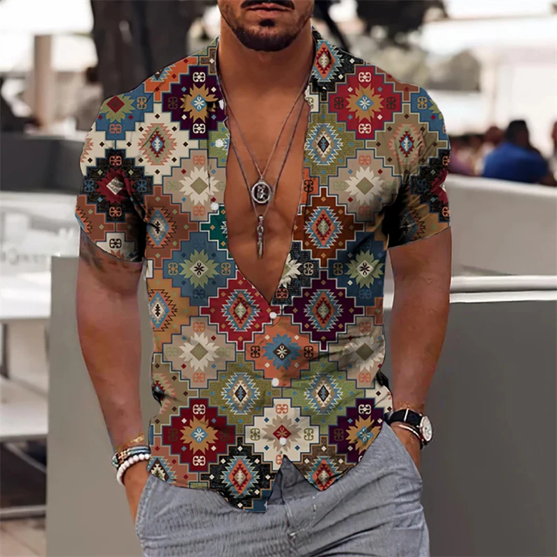 Ethnic Print Shirt For Men Summer Lapel Shirts 2024 Plaid Graphic Short-sleeved Male Tops Oversized Street Hip-Hop Tees Clothing