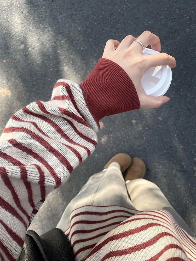 

Korean Sle Red Striped Knit Sweater Soft Cozy Color Blo Autumn Winter Lazy High End Feeling Base Layer Top for Women