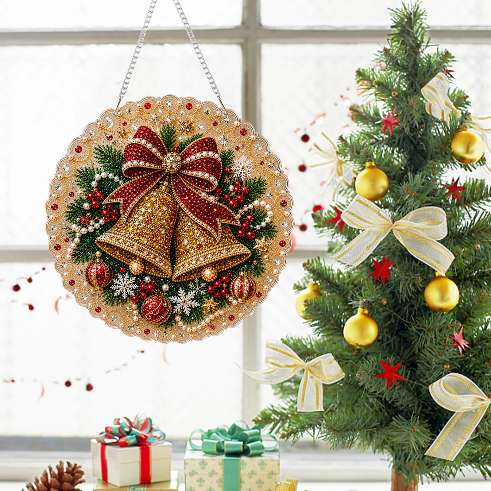 Christmas Pearl Diamond Painting Suncatcher Kit Hanging Pendant Double-Sided Print DIY Craft Set Metal Chain Home Art Decor 20cm view 5