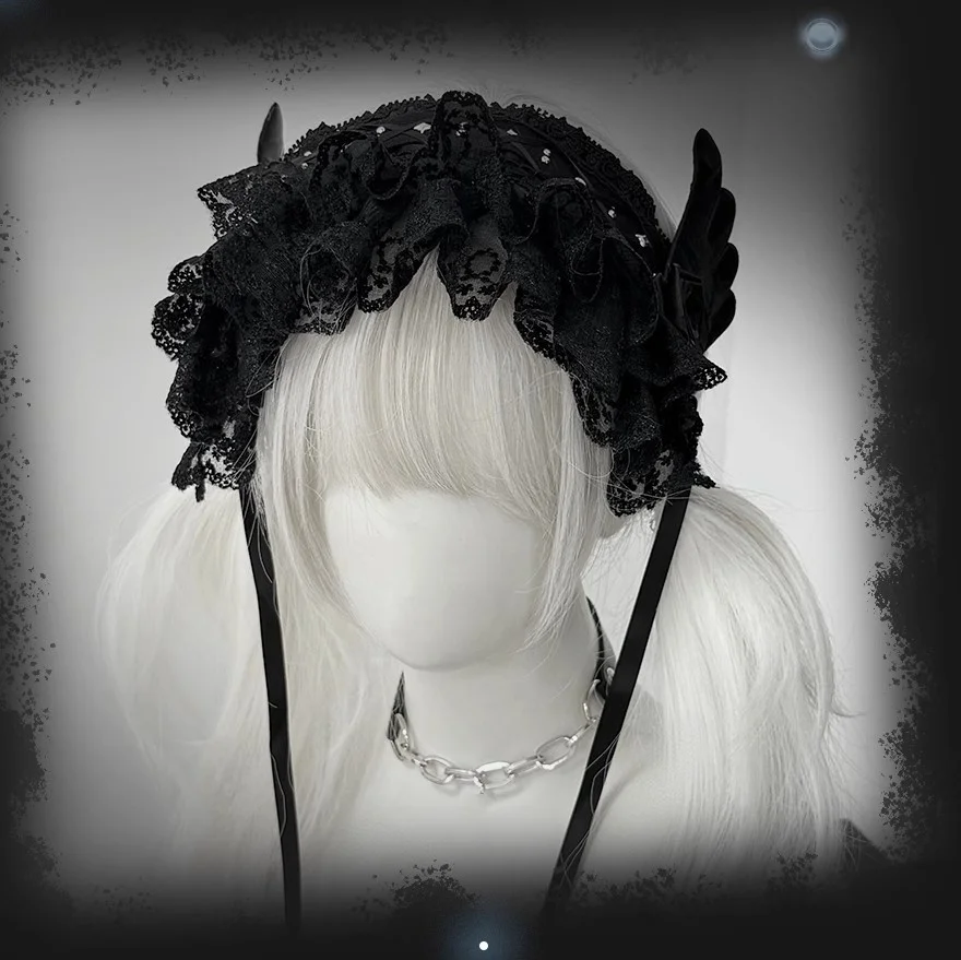 Nuovo originale Y2K nero gotico rivetto fascia ali gotiche scure copricapo Lolita cosplay pizzo sottocultura fascia