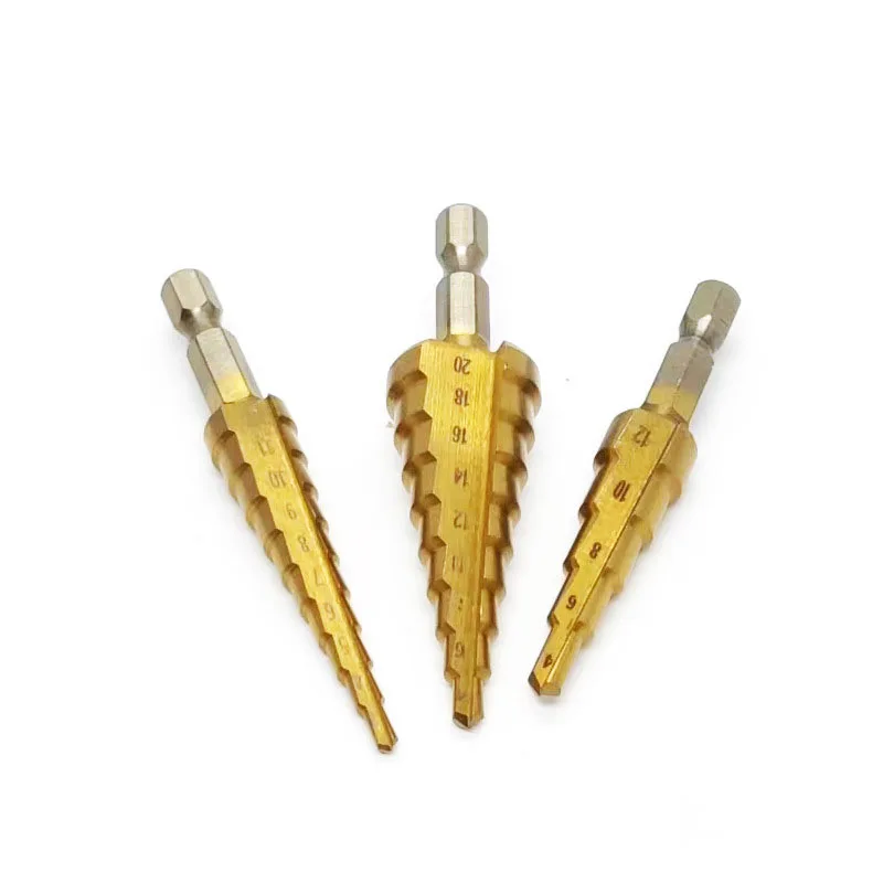 1Set shank straight groove Pagoda Step Hexagonal Titanium Drilling Power Tools Metal Wood Hole Cutter Cone Drill Bit4-12/20/32mm