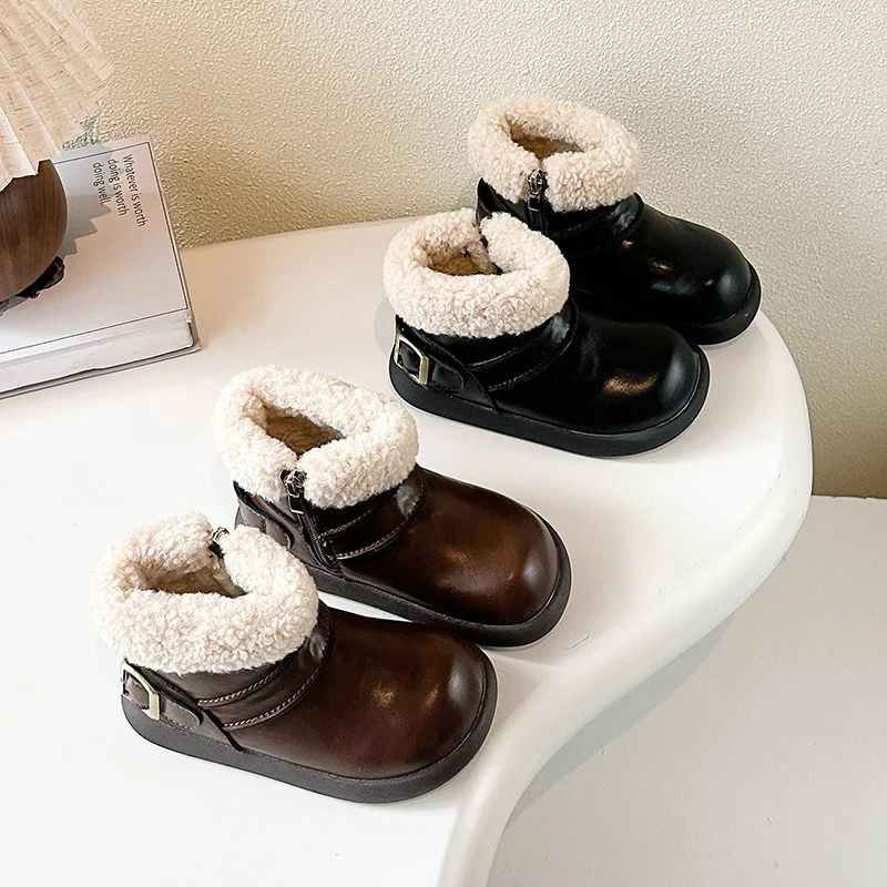 

Girls' Snow Boots 2025 Winter New Children's Cotton Boots Retro Plus Velvet Thick Baby Waterproof Short Boots