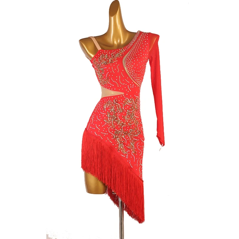 Orange Latin Dance Professional Dress One Sleeve Glitter Performance Dancewear Women Rumba Samba Competition Stage Wear VDL3429