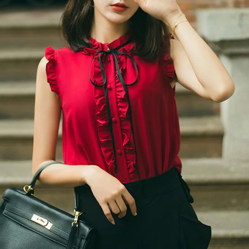 Elegant Solid Color Loose Lace Up Bow Ruffles Chiffon Shirt Female Clothing 2023 Summer New Casual Tops Sleeveless Sweet Blouse