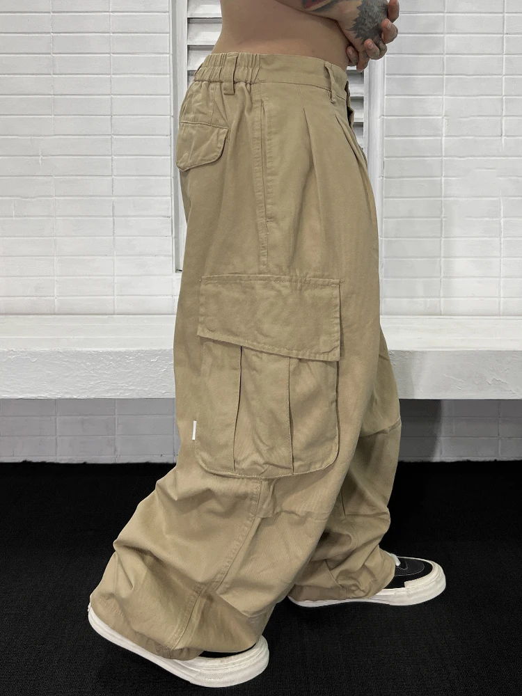 

Ретро-американские широкие рабочие брюки свободного кроя в стиле хип-хоп, прямые повседневные брюки с большими карманами, брюки-парашюты из хлопка, повседневные.