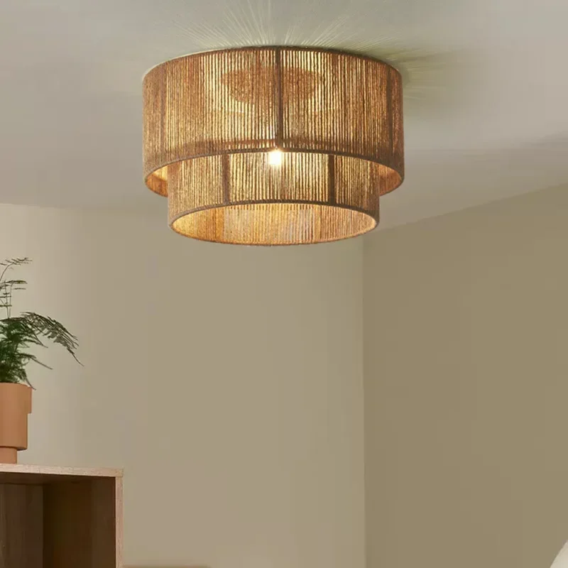 Japan Rustic Chandelier Hemp Rope Weaving Ceiling Light Living Room Bedroom Retro Ceiling Lamp for Room Decor Mood Light