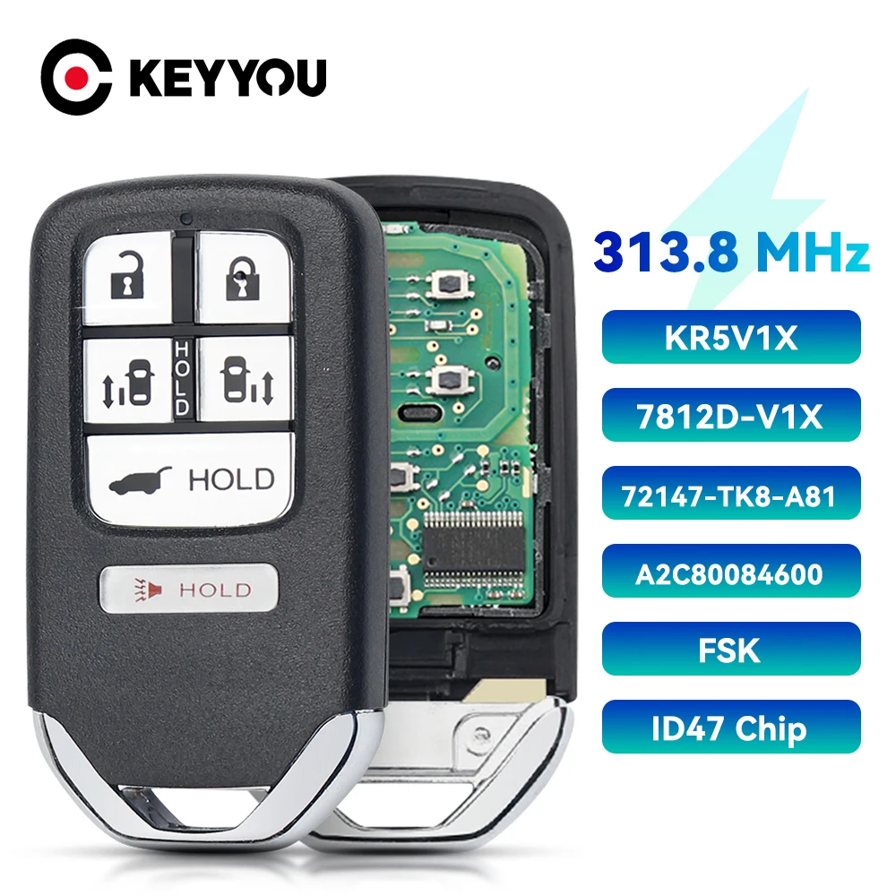 Dandkey For Honda Odyssey 2014 2015 2016 2017 2018 2019 2020 6 Buttons Keyless Go Remote Key 313.8MHz 47Chip KR5V1X