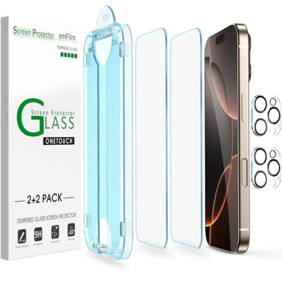 

Auto-Alignment OneTouch Screen Protector for iPhone 16 Pro Max [6.9"] + Camera Lens Protector, Bubble Free, 9H Tempered Glass,