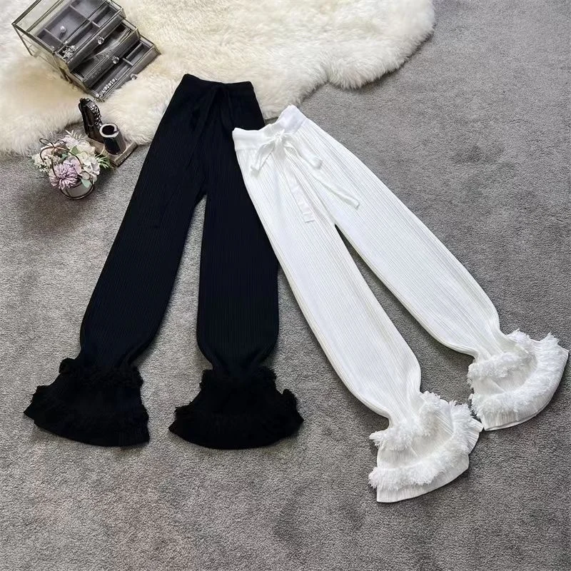 Women's Ribbed Knit Wide-Leg Pants -Multi- Color Bow Tie Waist &Fringe Ruffle Cuffs, Sweet Casual Trousers Spring Autumn