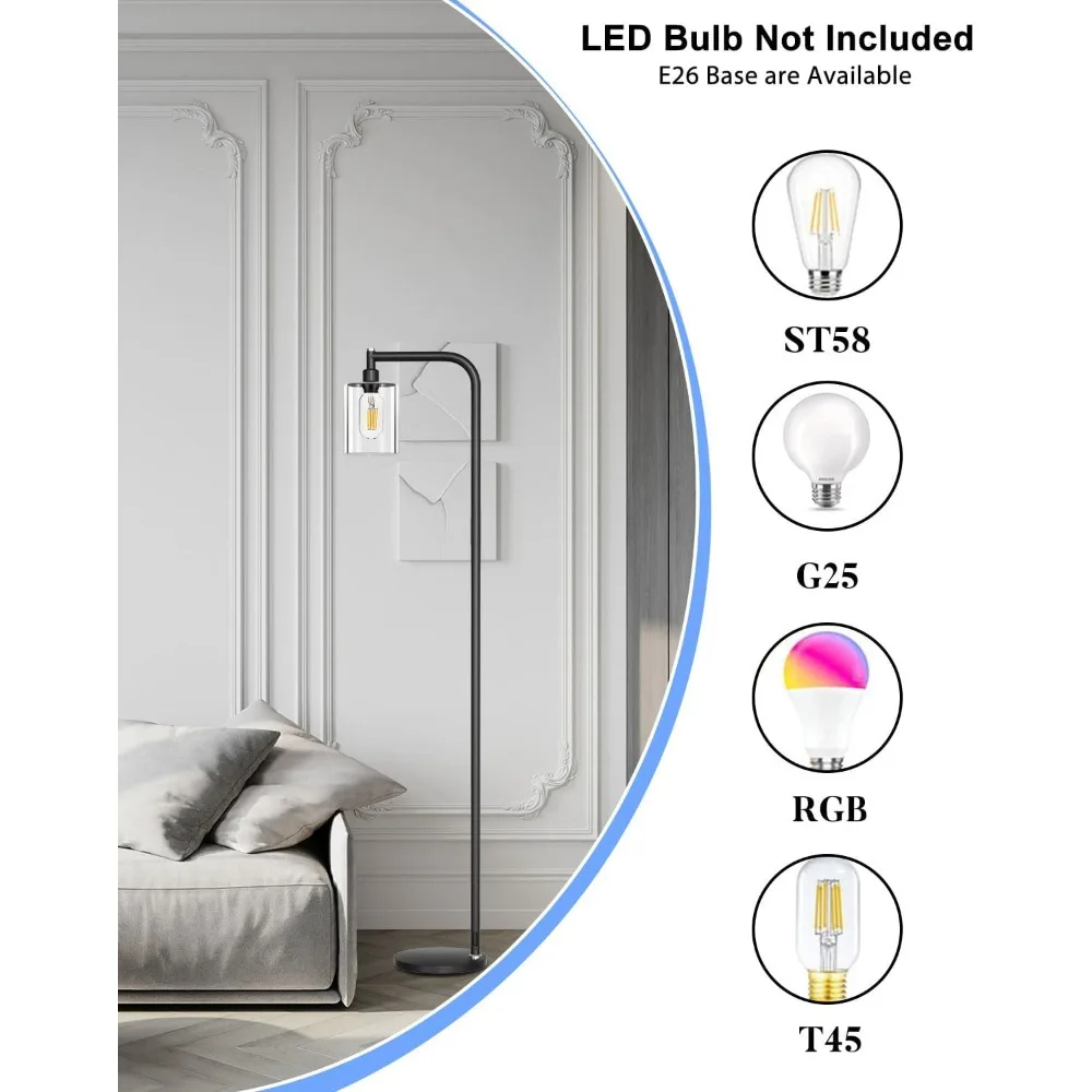 مصباح أرضي صناعي Lightdot 63 بوصة، مصابيح قائمة حديثة سوداء مع عاكس الضوء الزجاجي الشفاف، مصباح أرضي للمزرعة لغرفة المعيشة