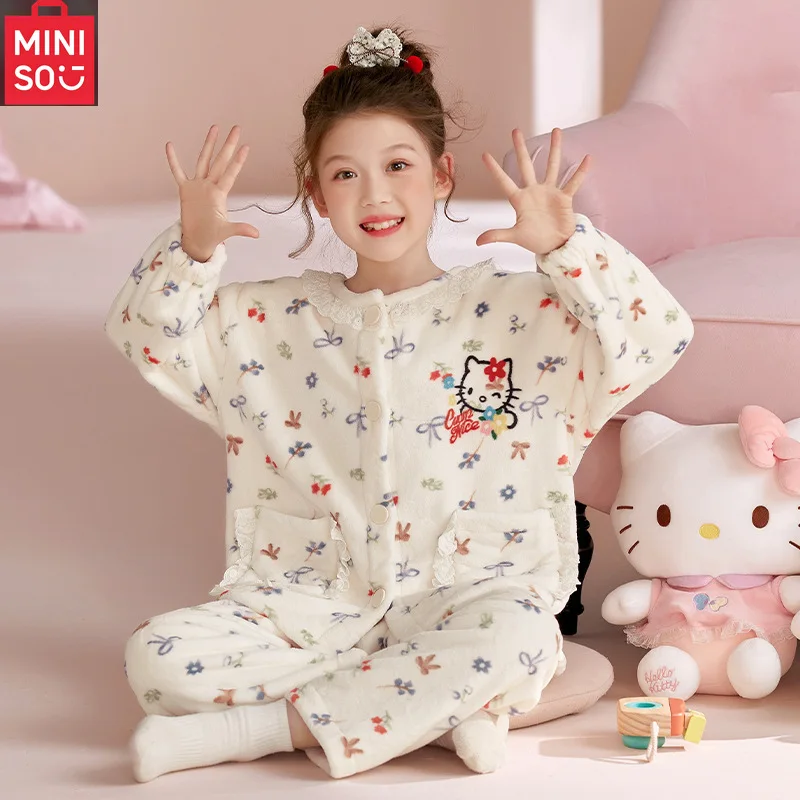 

Детский фланелевой пижамный комплект HelloKitty, утепленный мягкий кардиган с вышивкой, брюки, бархатный кавайный комплект для родителей и детей, милая подростковая домашняя одежда