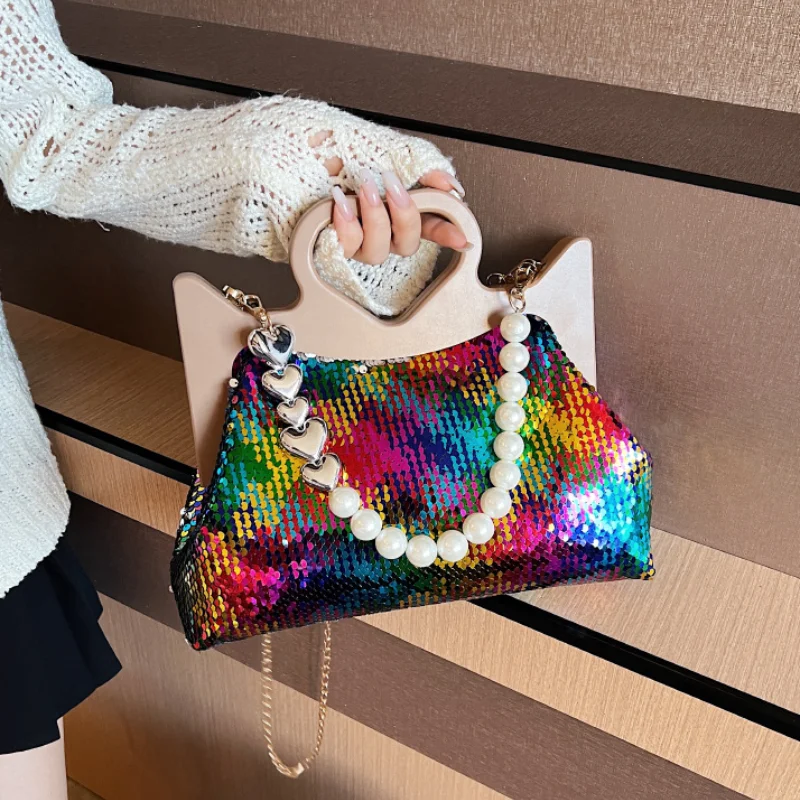 Sequin Heart Handbags for Women Fashion Party Shoulder Bag Woman Pearl High Quality Tote Bag Luxury Sparkle Shell Crossbody Bag