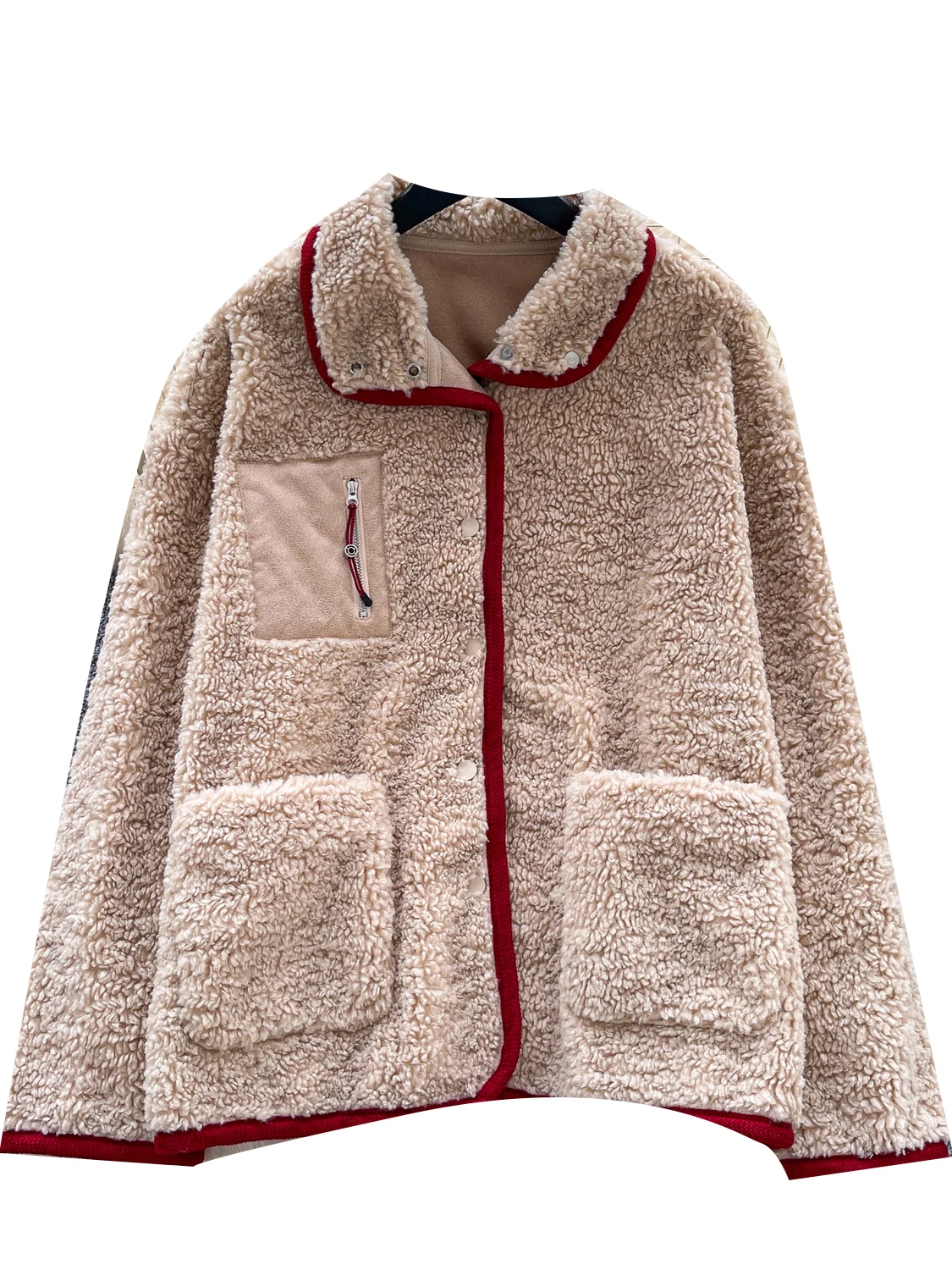 Jaet coreano Sle para mujer, invierno, nuevo, suelto, informal, cuello Retro, empalme de piel de cordero, Top largo Sve, mezcla de lana Sle para ir al trabajo