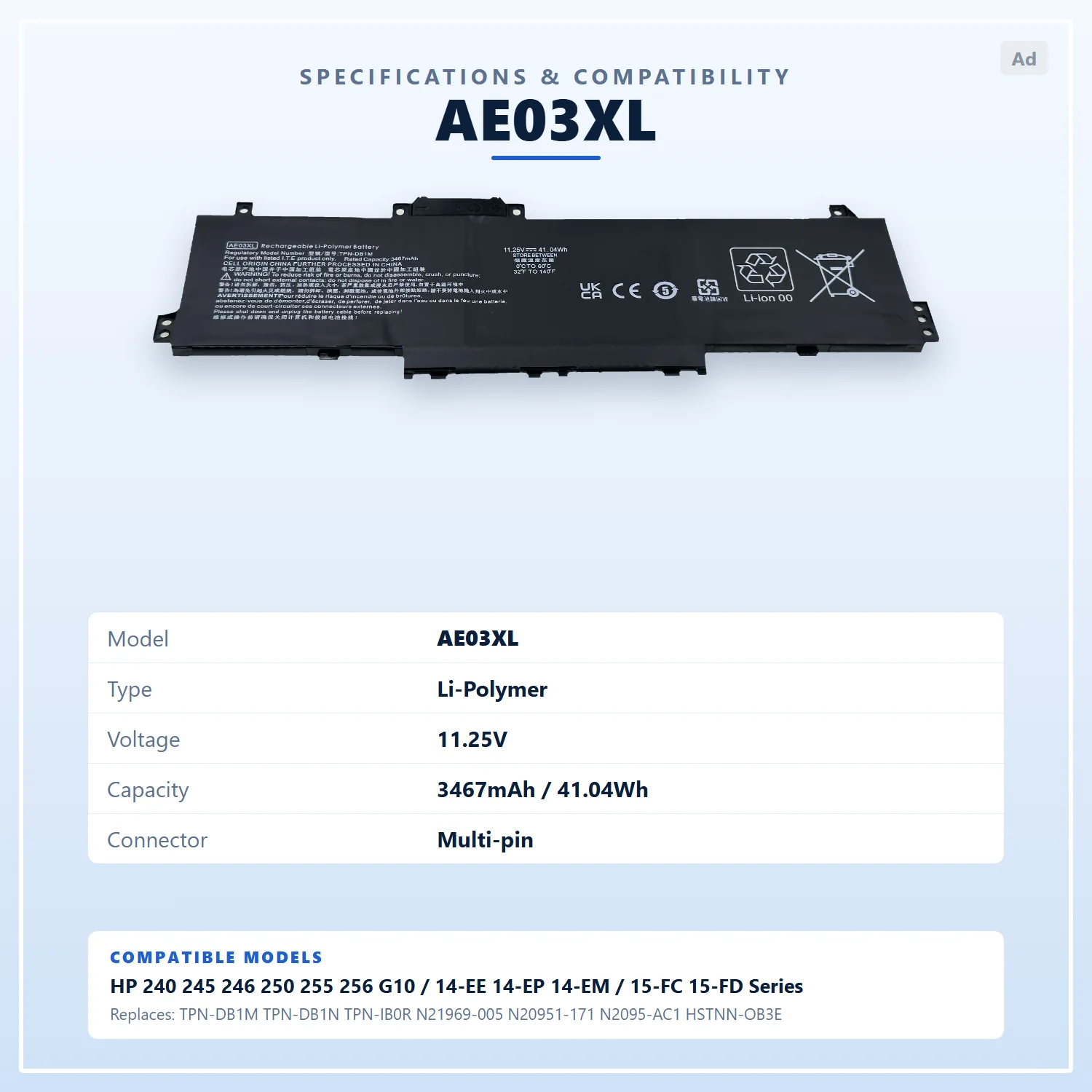 DXT New AE03XL Laptop Battery For 40 G10 245 G10 250 G10 255 G10 14-EE 14-EM 14-EP 15-FC 15-FD Series N21969-005 HSTNOB3E