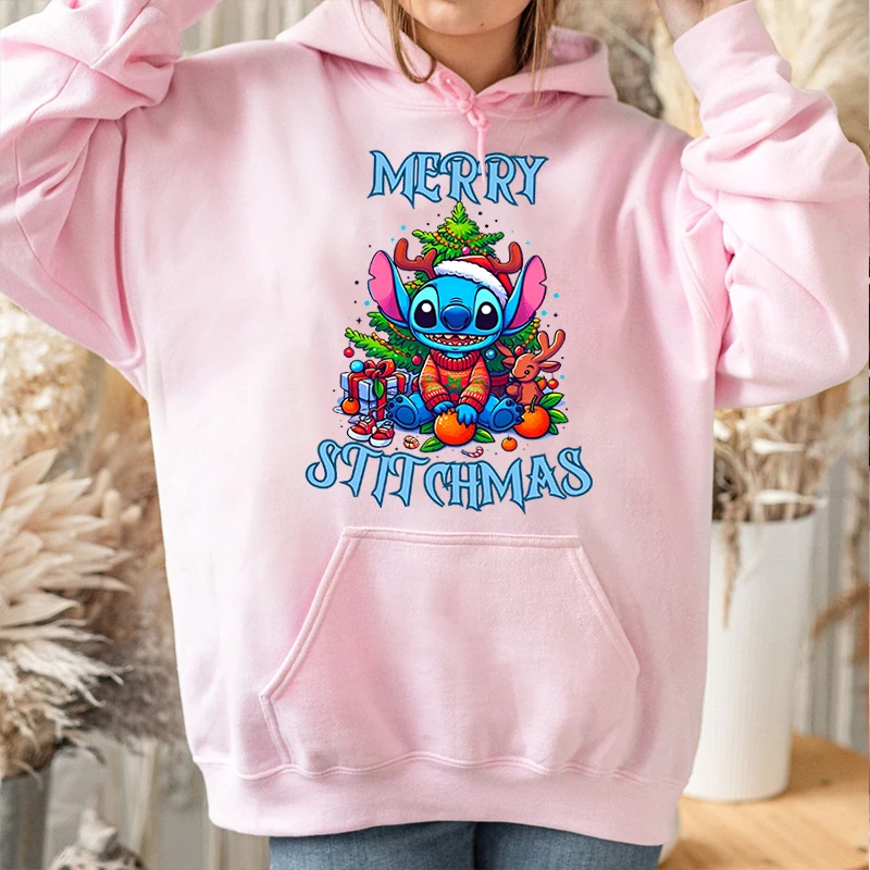 Stitch Christmas Print Women\'s Autumn and Winter Hoodie Plus Velvet Sports Sweater Pink Loose Top