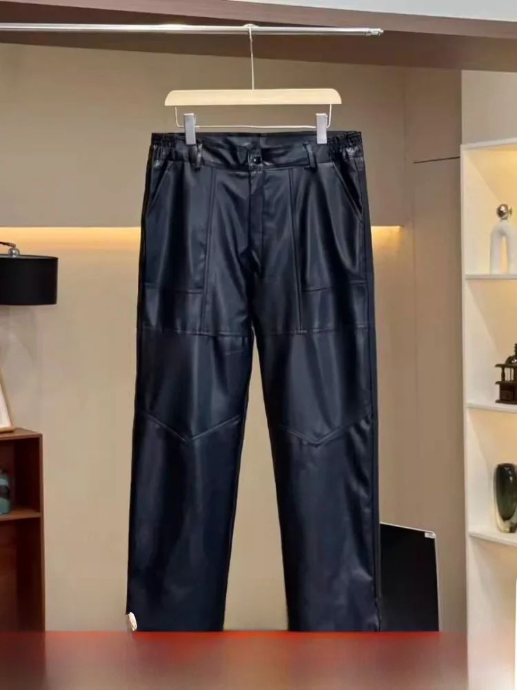 

Thiened Fce мужские повседневные брюки зимние уличные брюки прямые брюки на пуговицах ветрозащитный материал из искусственной кожи молодежный велосипедный спорт