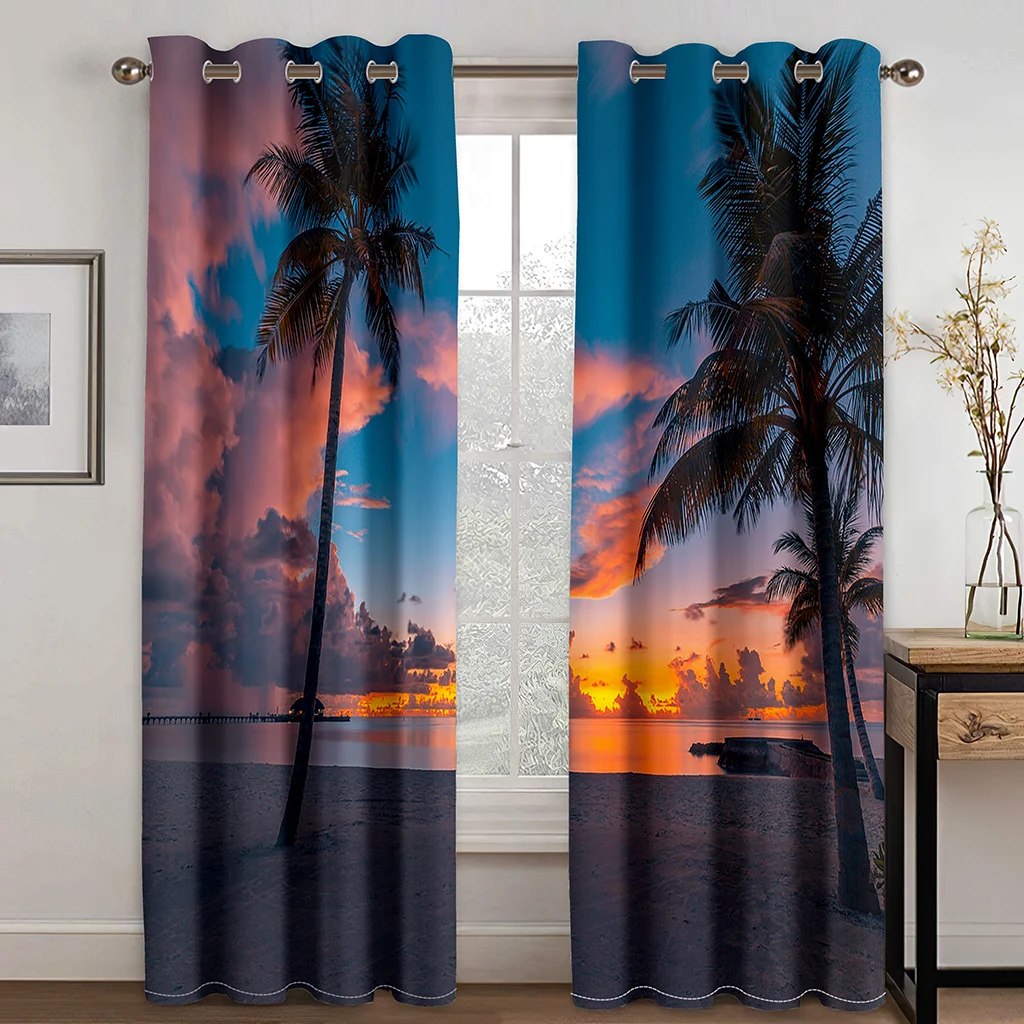 Sunset beach seascape beach holiday curtain, home bedroom living room shade curtain, a set of two pieces