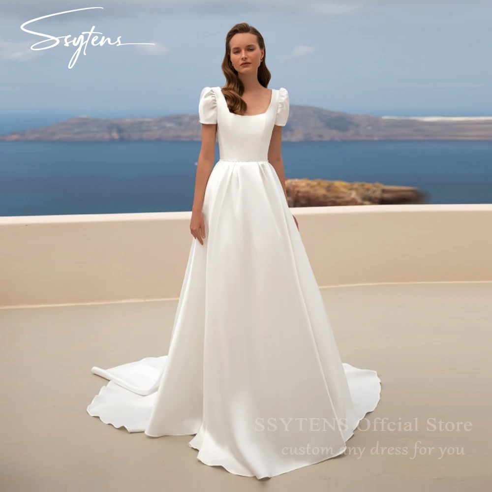 SSYTENS A-line Satin Wedding Dresses Square Collar Short Puffy Sleeves Bridal Dress Bride Gowns Robe De Mairee ﻿Customized ﻿