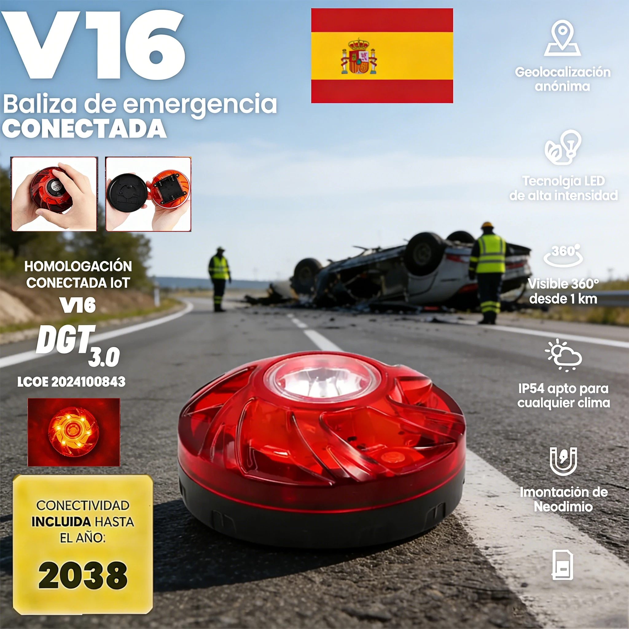 2026년 스페인 차량 필수품 V16 지오로케이션 DGT 3.0 승인 차량 비상등 (SIM 및 데이터 요금 2038년까지 포함)