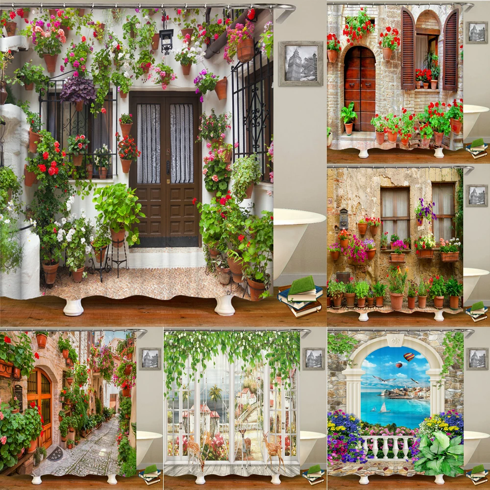 Garden Flowers Scenery Shower Curtains Bath Curtain Waterproof Bathroom Home Decor Washable Fabric Bathroom Screens