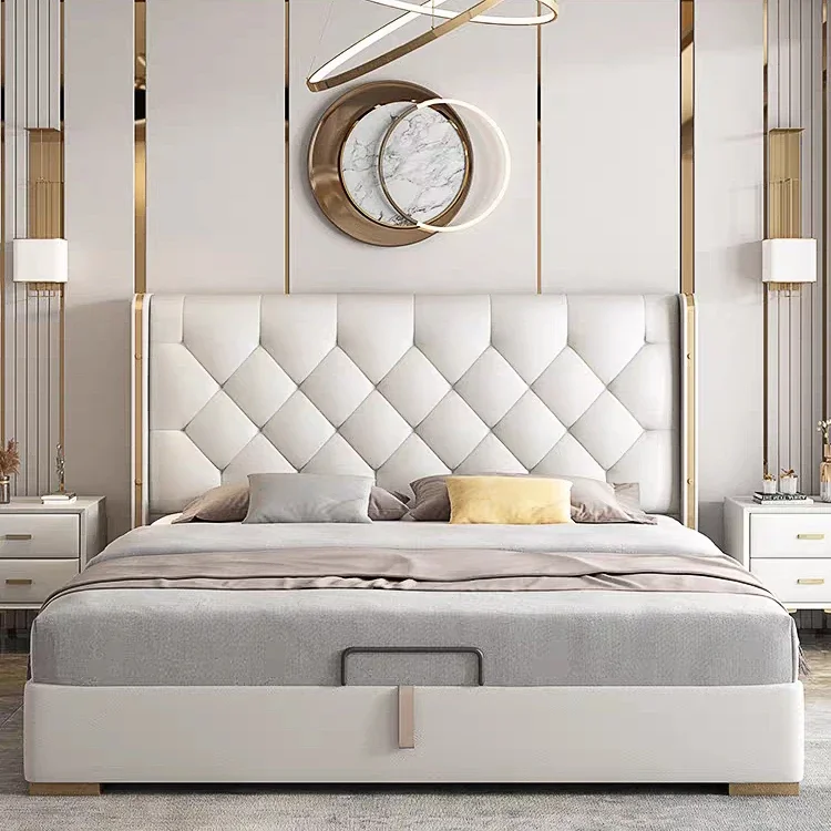 Italian Style Luxury Bedroom Furniture Set Leather Modern Beds Double King Size Wooden Storage Bed With Headboard