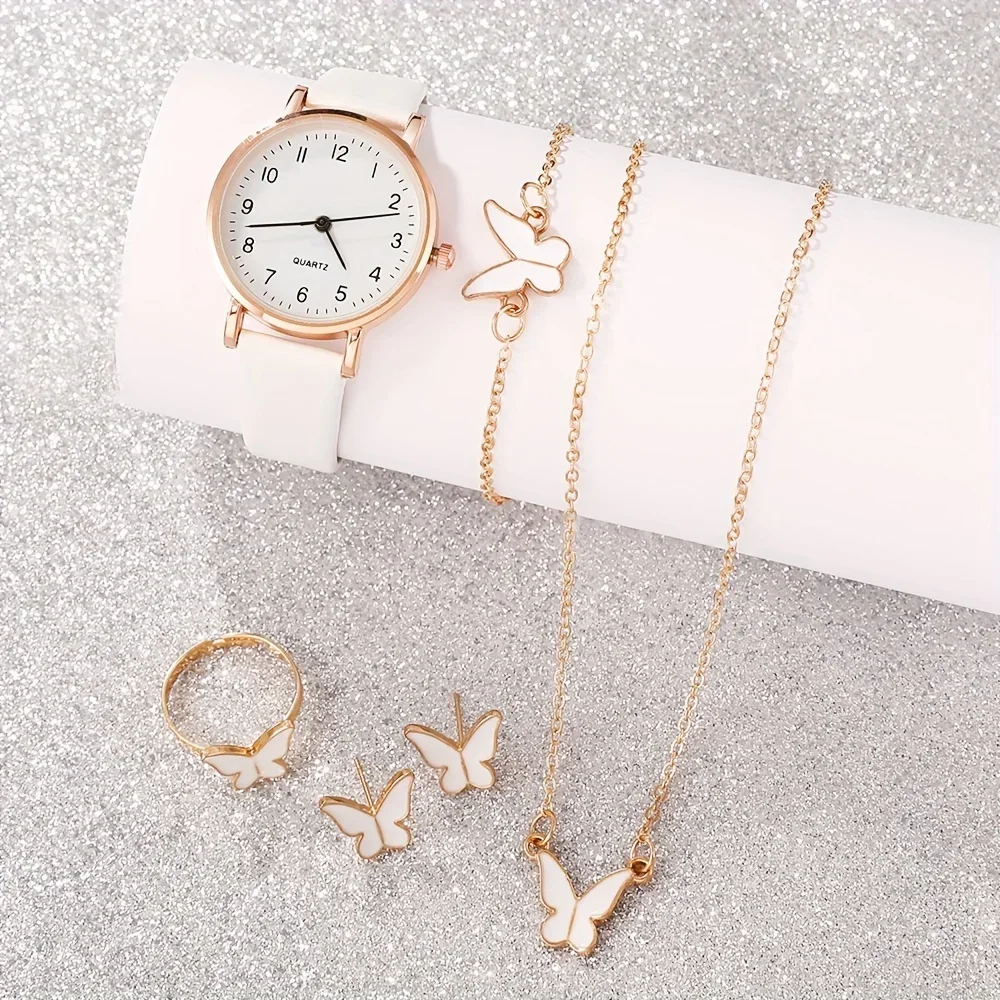 6 Pcs Elegant Fashion Quartz Watch Leather Strap Quartz Watch Explosive Butterfly Jewelry Set Gift For Friends