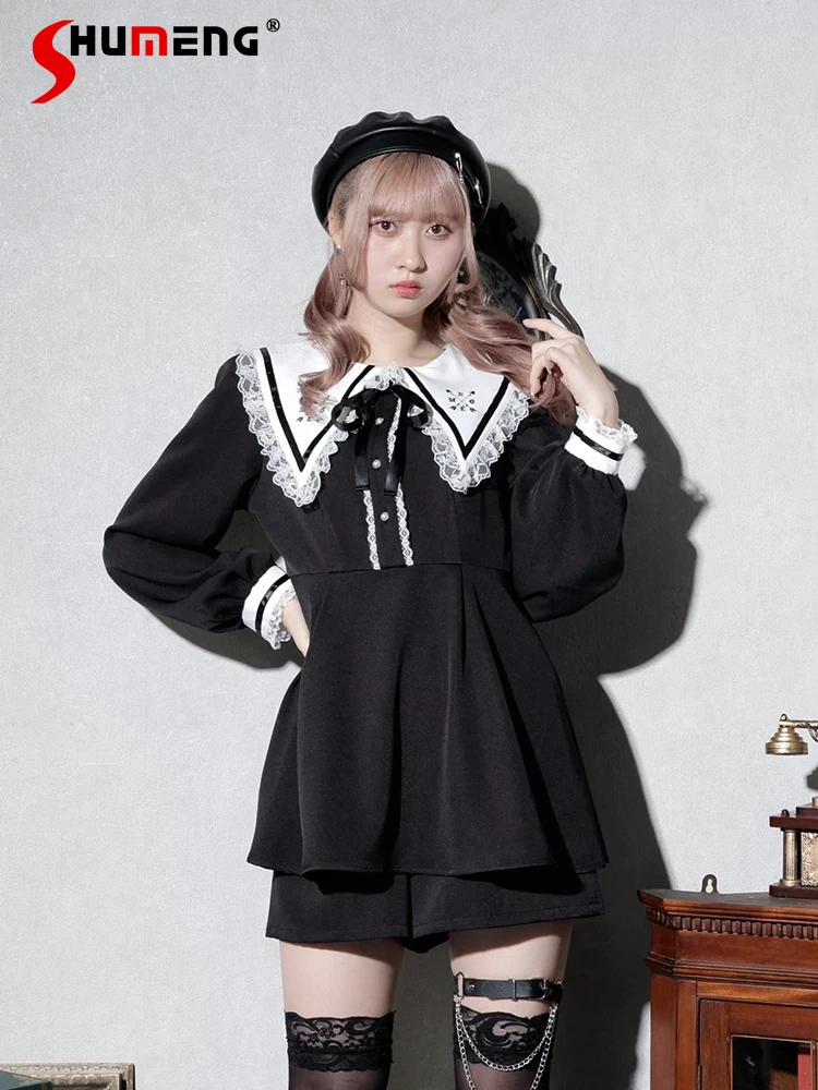 

Japanese Style Woman Sweet Outfits Black Stripes Mine Sailor Collar Embroidered Lace Long Sleeve Dress Shorts Suit 2 Piece Sets