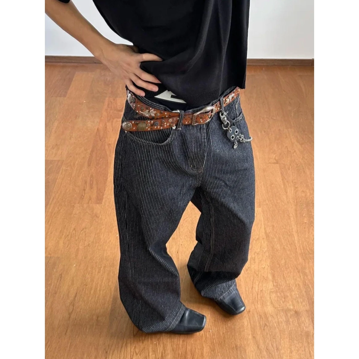 Calças Jeans Retro Americanas com Listras Lavadas, Largas e Soltas, Estilo Casual para Homens e Mulheres, Cintura Alta em Mis...
