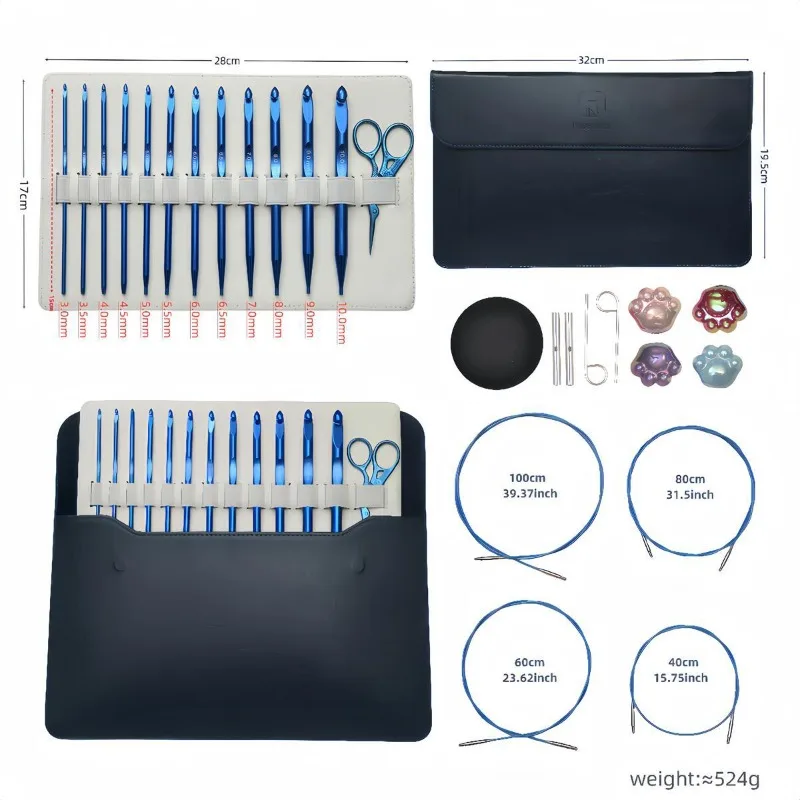 

12Pcs Blue Interchangeable Afghan Circular Crochet Hooks Aluminium Tunisian Crochet Hook Set Carpet Knitting Weaving Needles