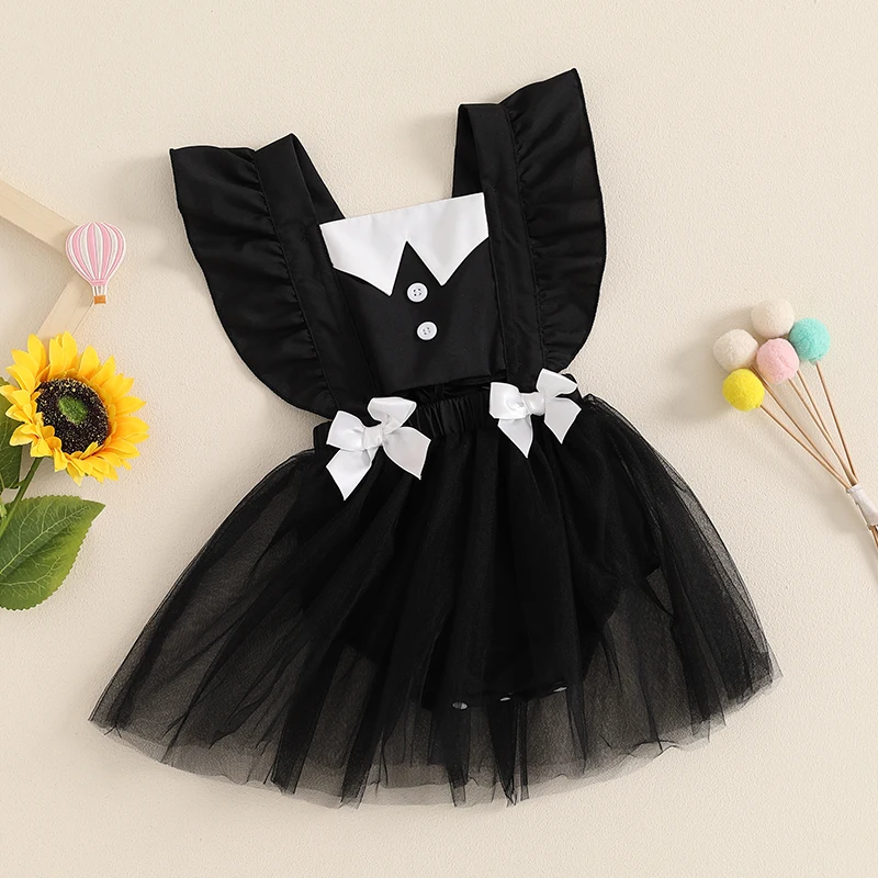 0-24Months Baby Girl Halloween Romper Dress Flutter Sleeves Square Neck Tulle Patchwork Jumpsuit