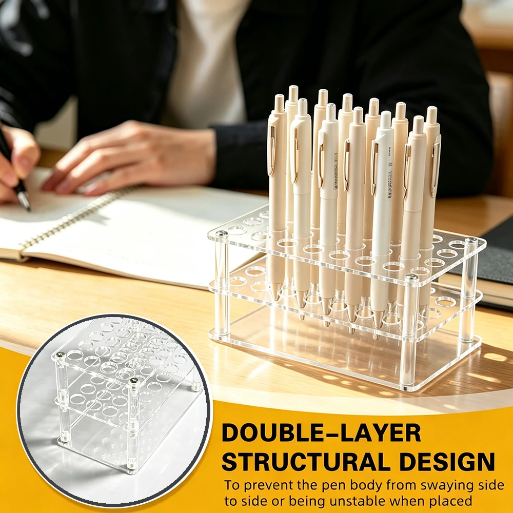 2 Pack Acrylic Pen Display Holder, 32-Slots Pencil Display Stand Clear Paint Brush Holder Rack Organizer for Pens Pencils Artist