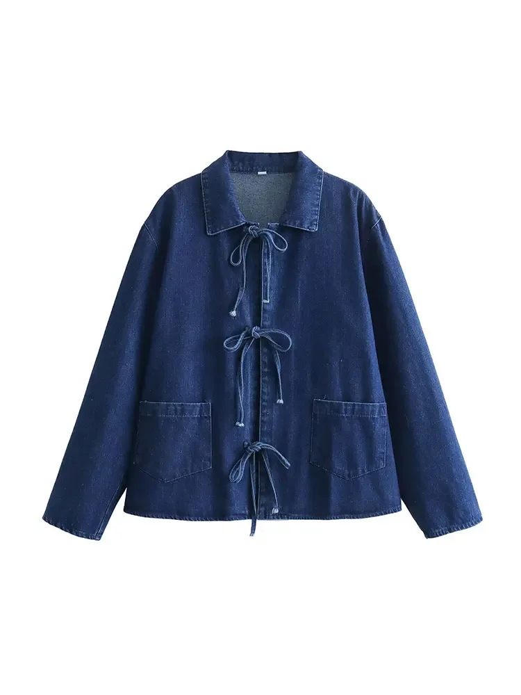 Women's Fashion Lapel Tie Tops Casual Women's New Versatile Bow Trim Long Sleeve Pocket Washed Denim Shirt Jacket