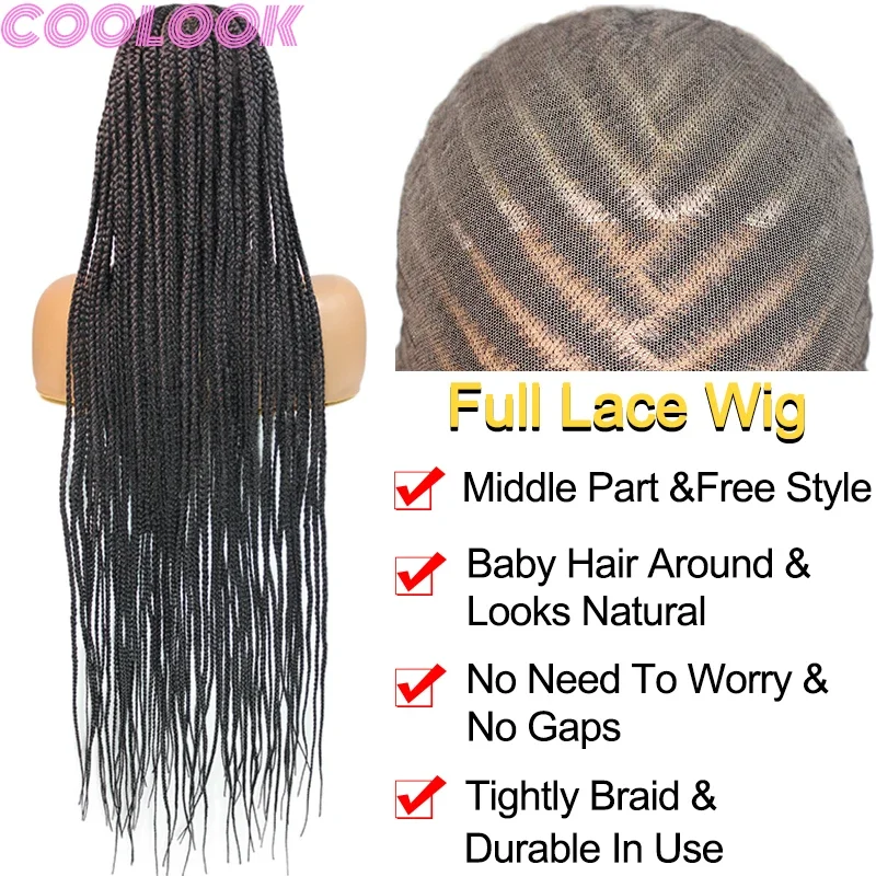 Wig kepang sintetis renda penuh 36 inci, Wig buatan tangan tanpa simpul untuk wanita Afrika, Wig renda Frontal tahan panas