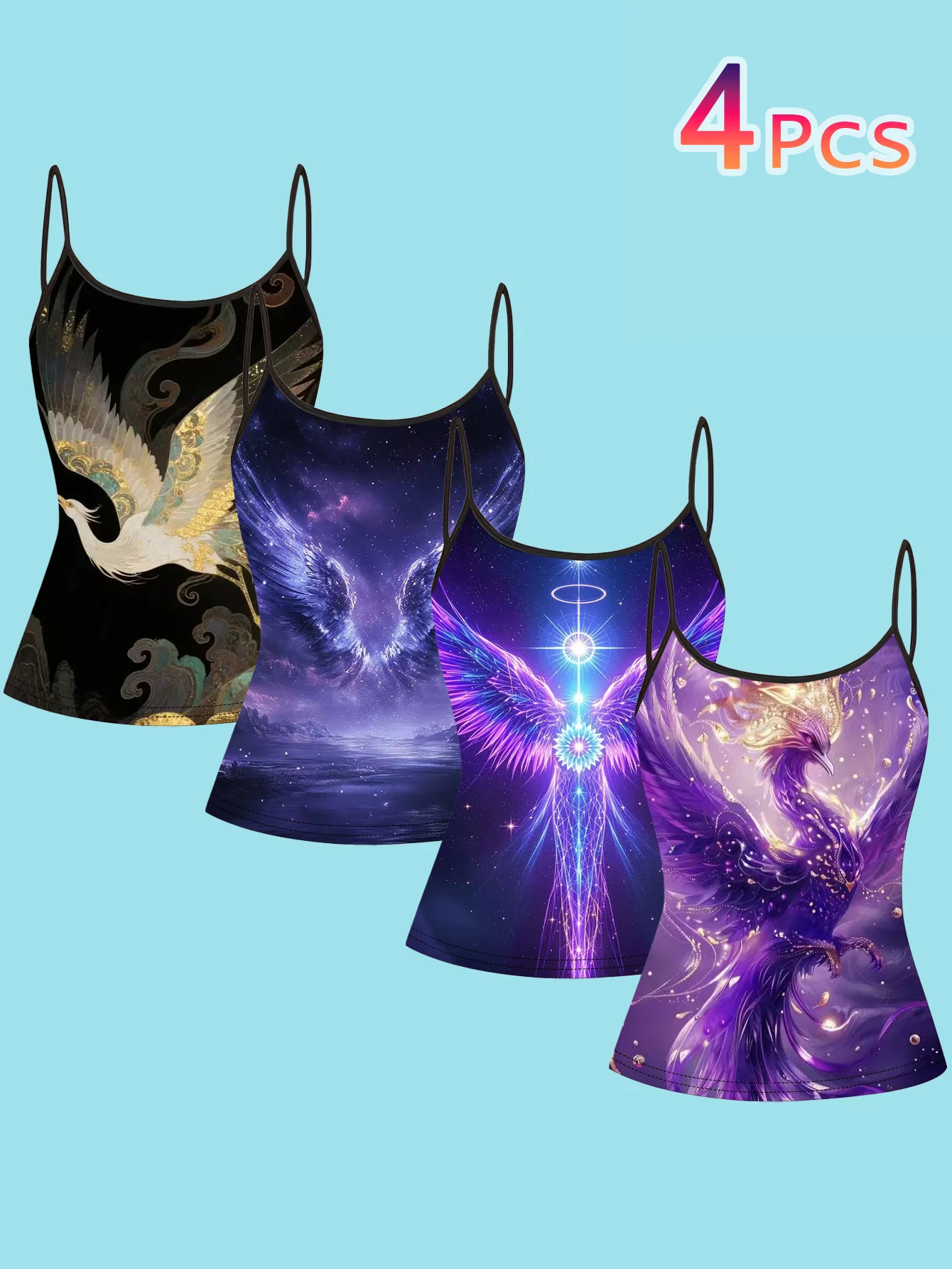 4-Piece Set of Women's Camisole with Phoenix Angel Wings Print, Chinese Style Crane Starry Sky Iridescent Wings Art Spaghetti Strap Slim-Fit Inner Top
