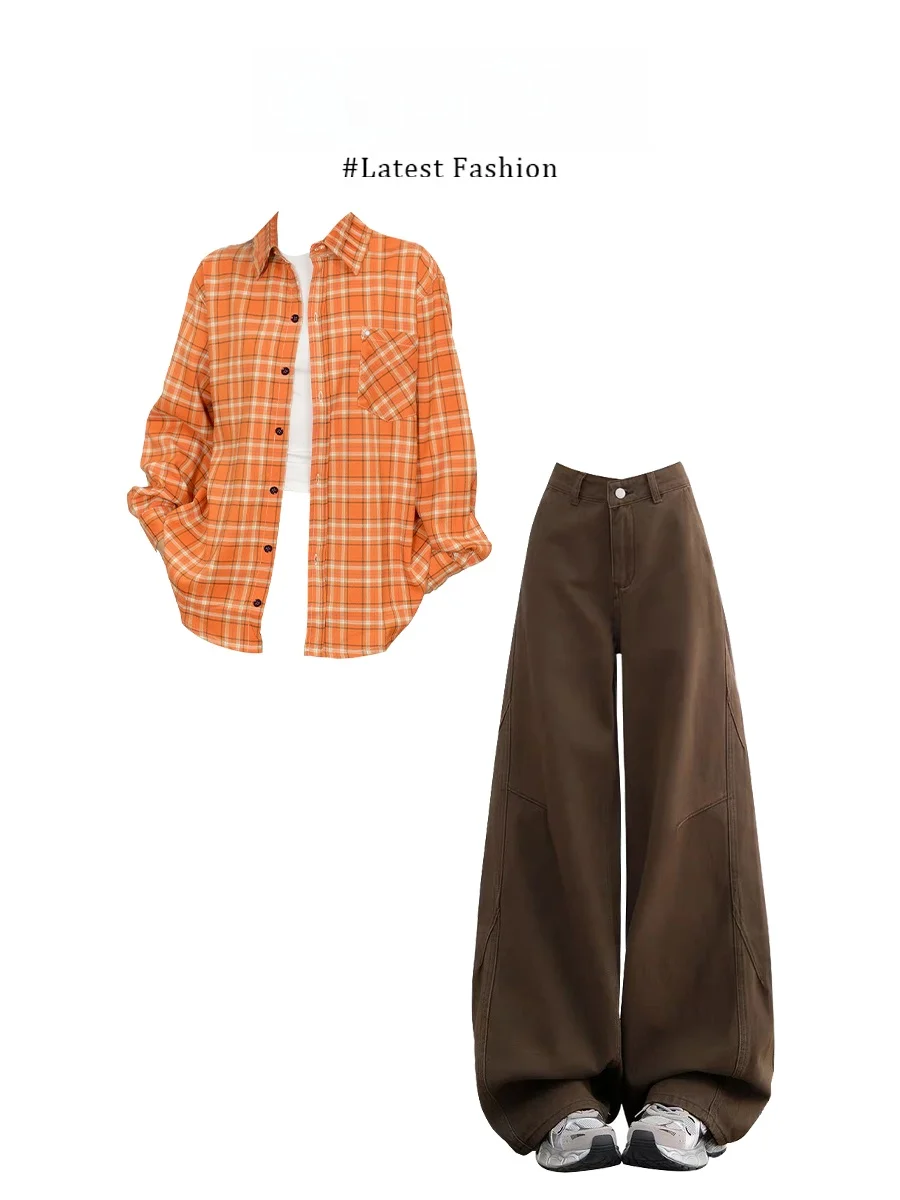 Parkyeon American Retro Lazy Loose Fit Orange Plaid Long Sleeve Shirt Wide Leg Jeans Commute Set Women's Fashion Spring Outfit