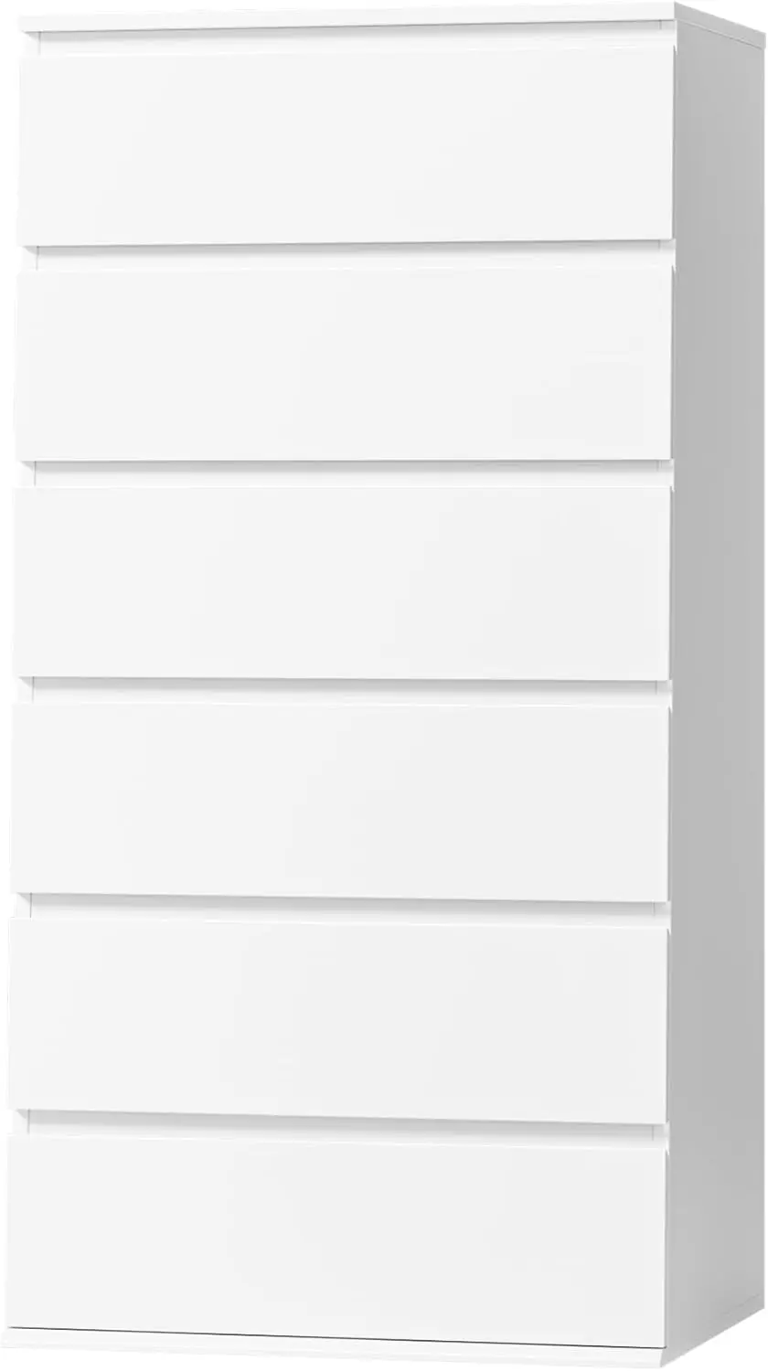 Modern Tall White Wooden Dresser for Home and Office, 6 Drawer with Metal Sliding Rail and Handleless Design