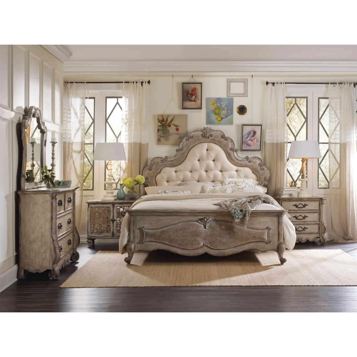 ^French-style Vintage Carved Solid Wood Bed - Zipper Soft Padding Aged Log-style Double Bed for Master Bedroom