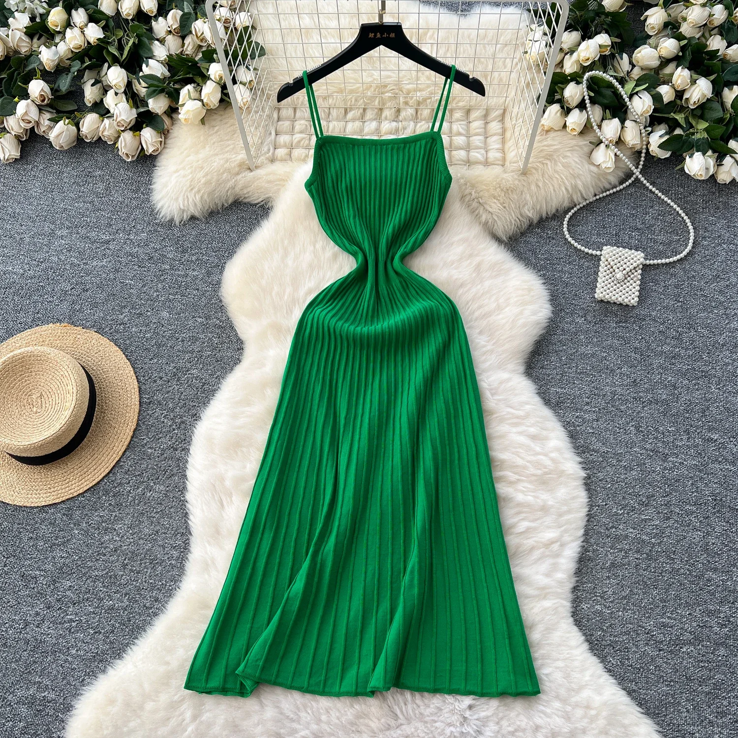 Nuevo vestido de tirantes finos de punto de verano sin mangas cintura elástica ajustado estilo Simple suave Casual una línea vestido largo Maxi femenino