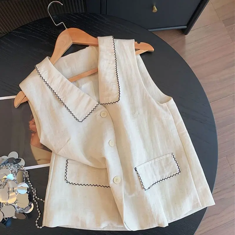 

French Contrasting Hook and Loop Collar Sleeveless Linen Vest for Women in Summer Turn-down Collar Single-breasted Vest Jacket