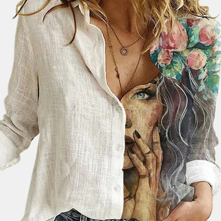 Damska długa bluzka z rękawami do połowy ramienia, elegancka, do pracy, z nadrukiem, łączona, o prostym kroju, zapinana na guziki, okrągły dekolt, długość do kolan, jednolita kolorystycznie.