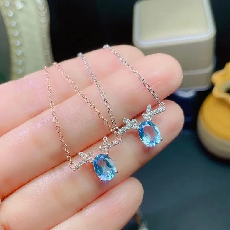 

Милый серебряный кулон в виде головы оленя с драгоценным камнем 6*8 мм, натуральный светло-голубой топаз, ожерелье, кулон, серебро 925 пробы, топаз, ювелирное изделие, подарок