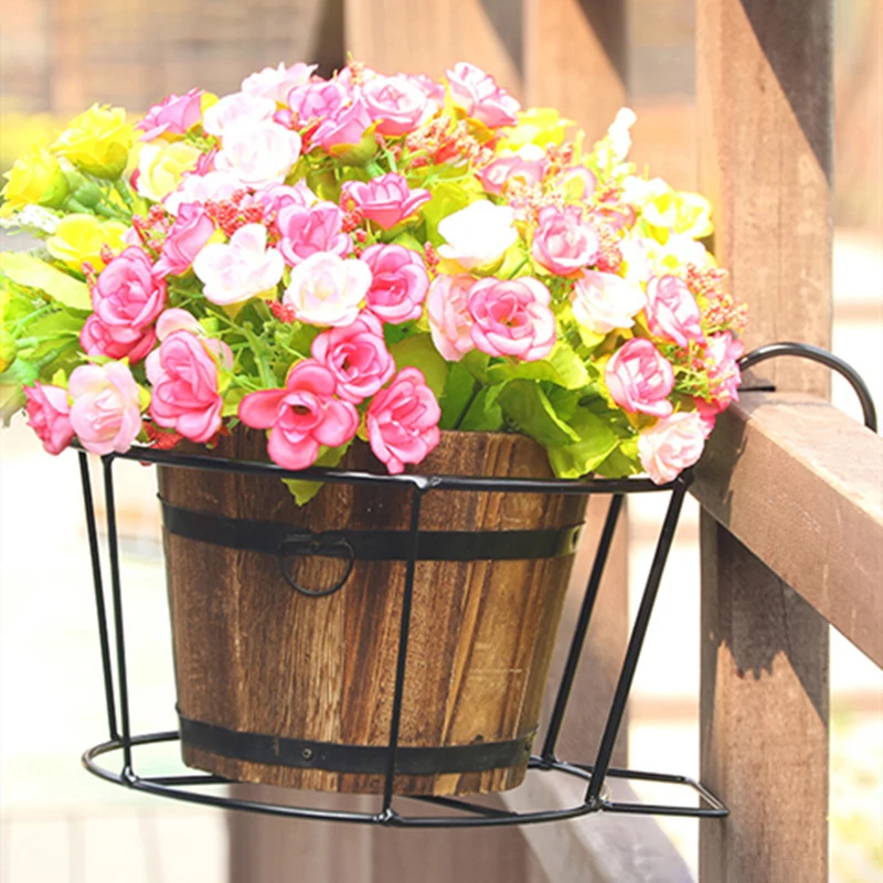 Outdoor Hanging Basket Plant Iron Racks Garden Decoration Fence Balcony Round Flower Pots Hanging Planter Stand Holder