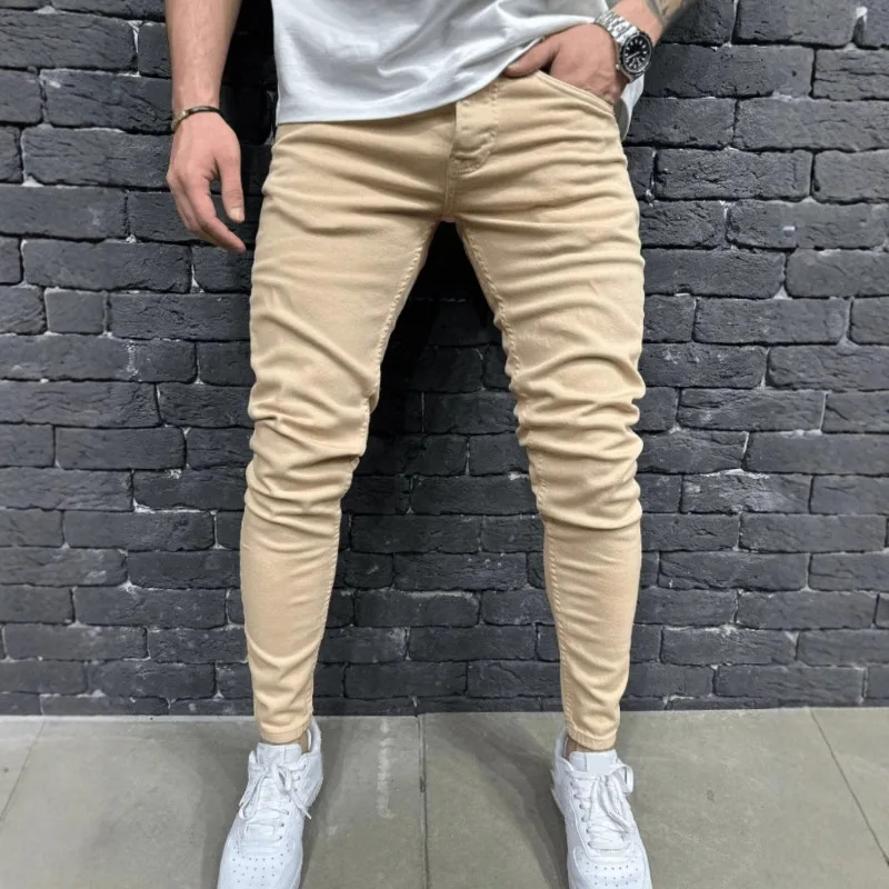 European and American Men's New Simple Ripped Commuter Trousers Slim-fitting Small Feet Trendy Handsome Jeans