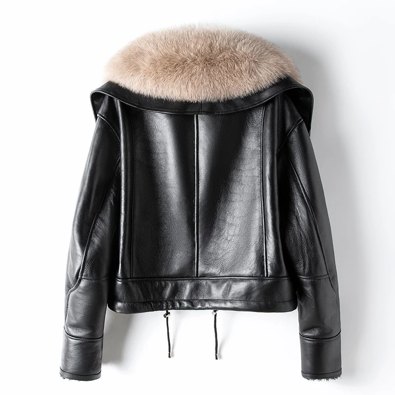 Fashion Real Fox Fur Collar Double-faced Fur Sheepskin Jackets Coats Women Raglan Sleeve Short Real Leather Motorcycle Jackets