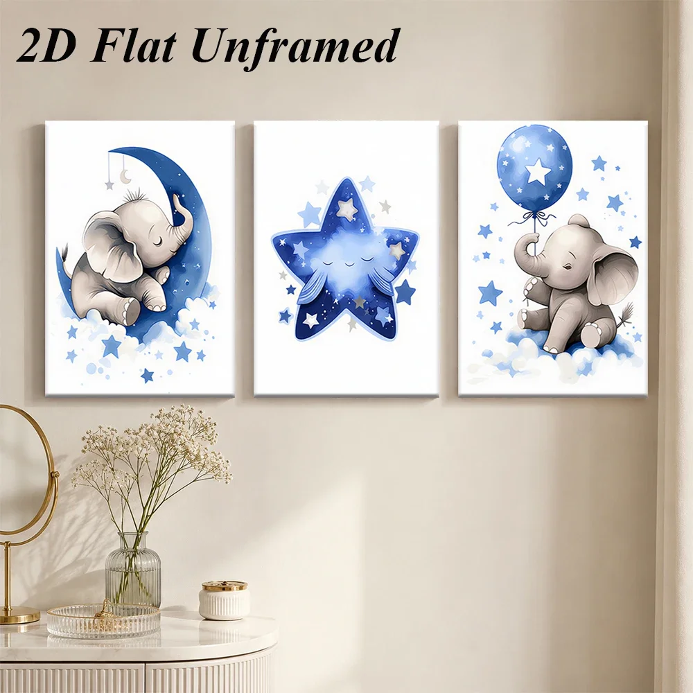 3PCS Large-sized frameless canvas paintings,1 set of dreamy cartoon elephant triptych frameless decorative paintings with blue s