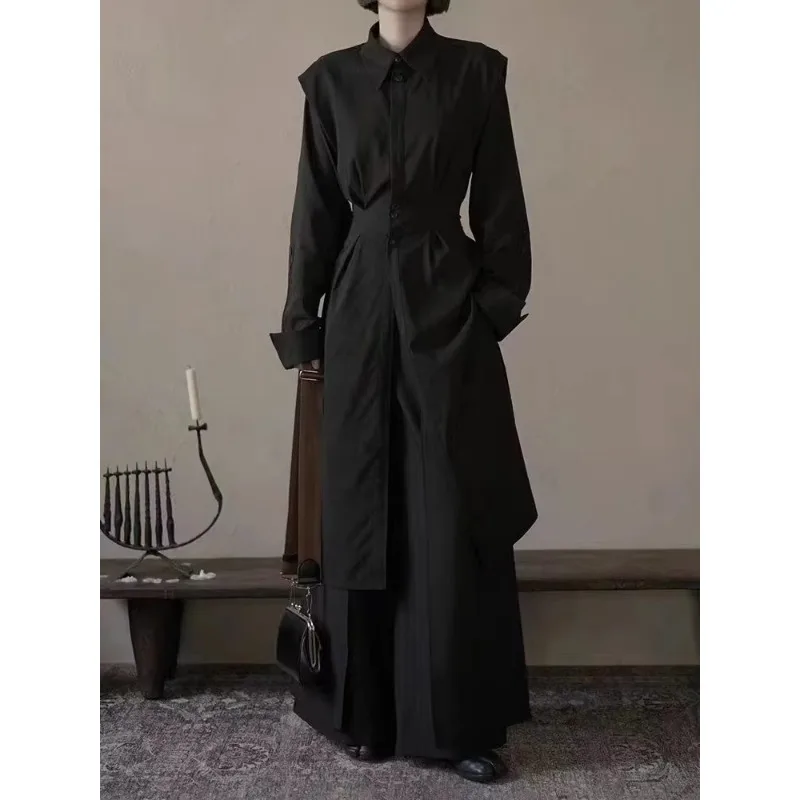 Niche Dark Black Series Costume New Chinese Slit Waist Cinching Dress Stylish Trendy Fashion Men Women Unisex Long Shirt Skirt