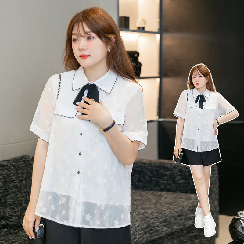 

Plus Size Women Chiffon Blouse, Summer Short Sleeve Loose Tops, Curvy Lady Slimming Fashion Casual Shirts, 200lb Plus Size Daily