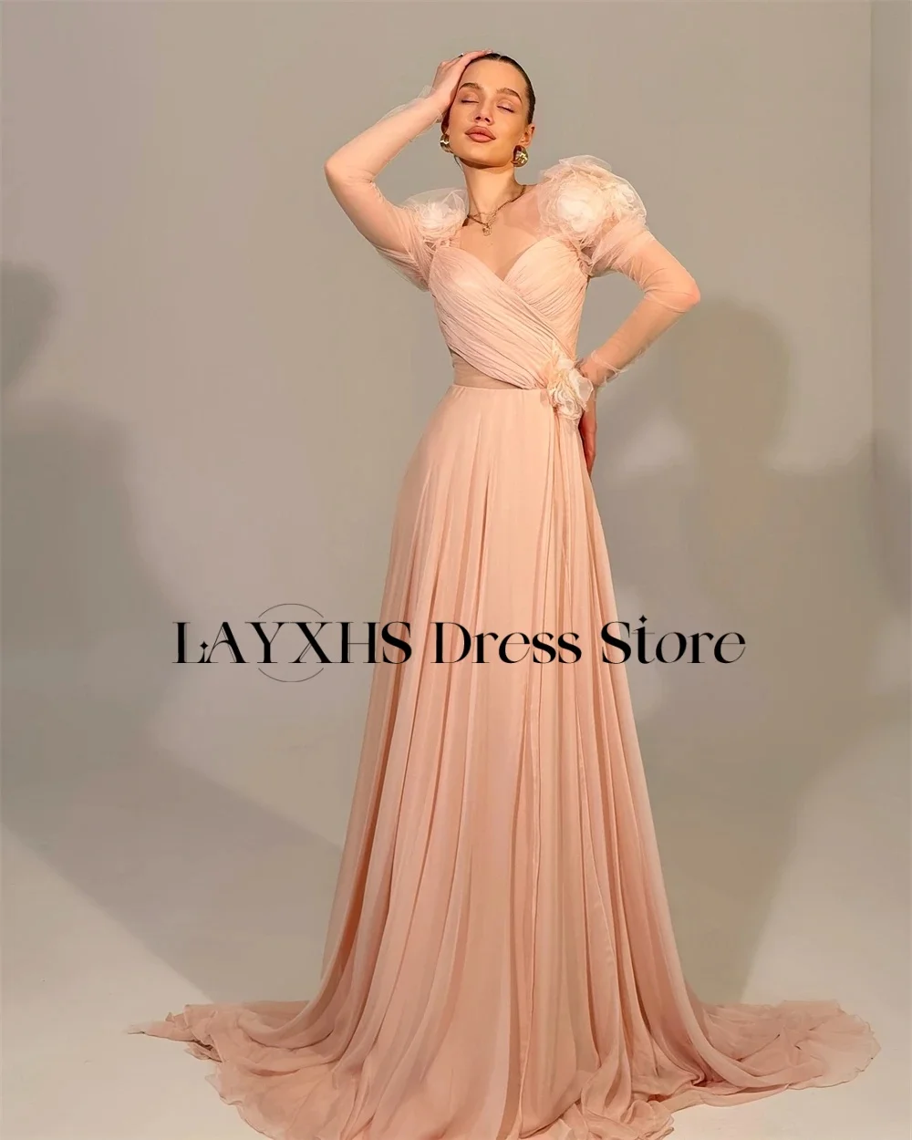 LAYXHS Moda Gola Quadrada Vestidos de Noite A Linha Mangas Compridas Flores Até O Chão Vestido de Baile Personalizado فساتmavera